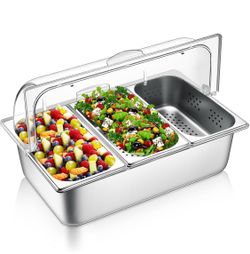 Ziliny Perforated Countertop Food Serving Display Container And Clear Roll Top Cover 3 Pan Stainless Steel Food Serving Tray Buffet Condiment Dispense