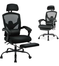 Ergonomic Office Chair Footrest, Comfy Mesh Lumbar Support, Adjustable Headrest Legrest, Reclining Swivel Computer Chair for Desk, Home Office, Gaming