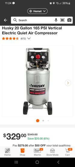 Husky 20 Gallon 165 PSI Vertical Electric Quiet Air Compressor