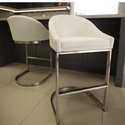 Four 26" Counter Height Brushed Stainless Steel Barstool (White)