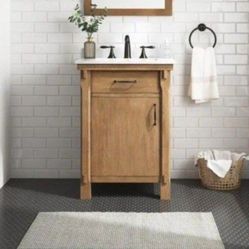 Home Decorators Collection Bellington 24 in. Single Sink Almond Toffee Bath Vanity with White Engineered Stone Top (Assembled)