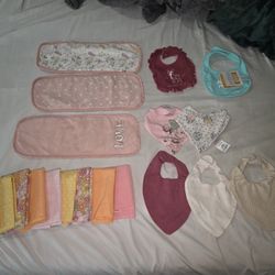3 Long Burp Cloths, 7 Bibs, 9 Square Burp Cloths