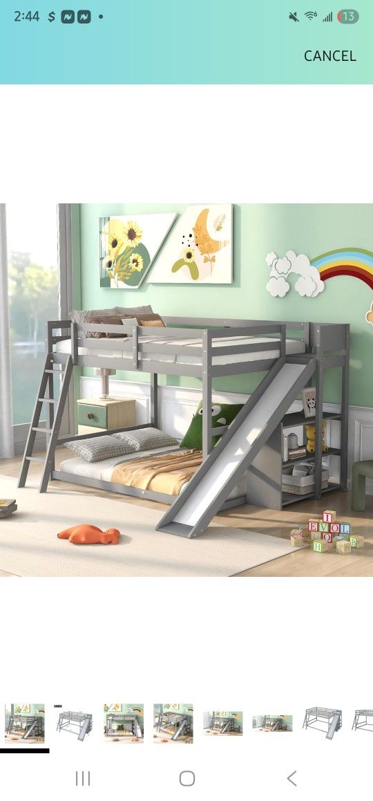 Full Bunk Bed With Slide, Compatible with Full Size Mattress, Maximized Space, Fun with Slide, No Box Spring Needed, Durable Wooden Slat Support, Mult