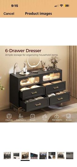 MAHANCRIS Black Dresser for Bedroom with Charging Station, 6 Drawers, Modern Chest of Drawers with LED Light for Closet, Double Wide Drawer Organizer 