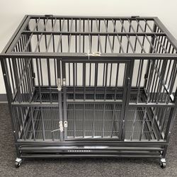 42” Heavy Duty Dog Crate Large Dog Cage Metal Dog Kennels and Crates for Large Dogs Indoor Outdoor with Locks, Lockable Wheels and Removable Tray