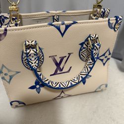 Designer Style Cream & Blue Monogram Tote Bag – Crossbody Strap