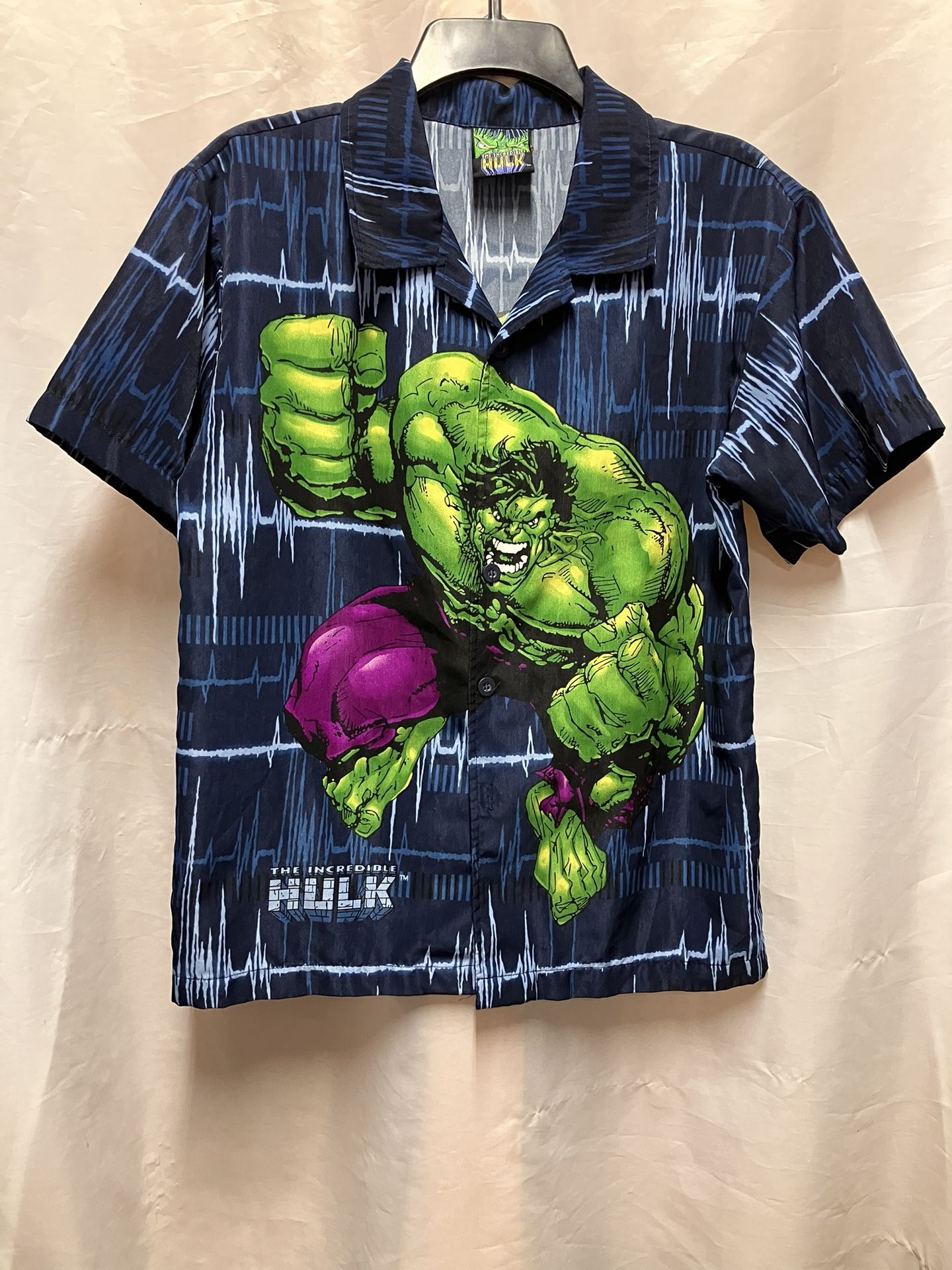 Vintage 2002 The Incredible Hulk Double Sided Graphic Shirt Sleeve Button Up Shirt With Collar