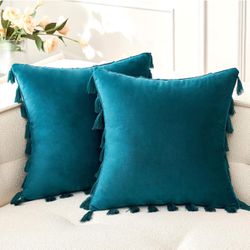 MIULEE Pack of 2 Velvet Soft Solid Decorative Throw Pillow Cover with Tassels Fringe Boho Accent Cushion Case for Couch Sofa Bed 16 x 16 Inch Teal