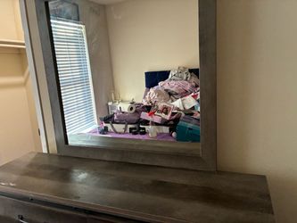 Gray Wood Dresser with Mirror bed and TVs