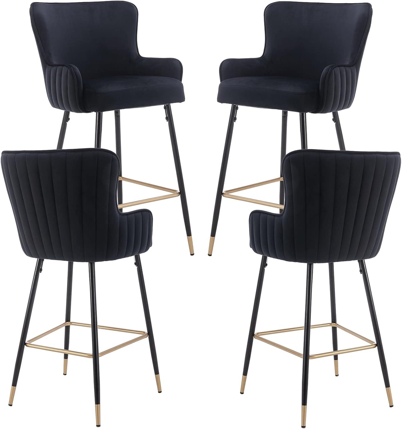 30" Black Bar Stools Set of 4, Velvet Upholstered Kitchen Island Bar stools with Wing Back, Mid Century Gold Bar Stools with Armrests and Footrest Hig