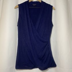 41 Hawthorn Benni Wrap Front Rouched Knit Top Womens L Navy Surplice Neck EUC