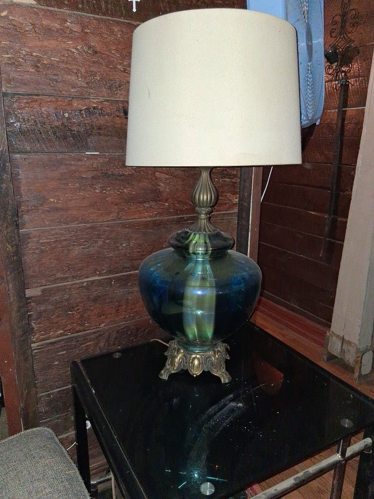2 Blue Frankenstein Carnival Glass Table Lamps