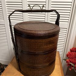 VTG Asian 3 Tier rattan Bamboo Dim Sum Carrier
