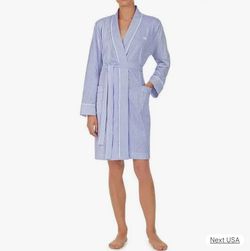 Ralph Lauren Women Sz L Blue White Striped Interlock Shawl-Collar Robe Cotton BL