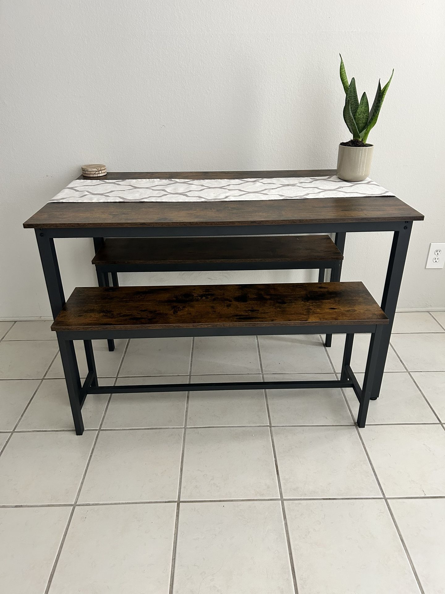 Mieres Farmhouse Rustic 3-Piece Dining Table Set, Space-Saving Dining Table with 2 Benches