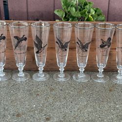 ⭐️⭐️ Vtg MCM Federal Glass Pheasant Pilsner Glasses Game Birds Set/7 Silver Trim EXC⭐️⭐️