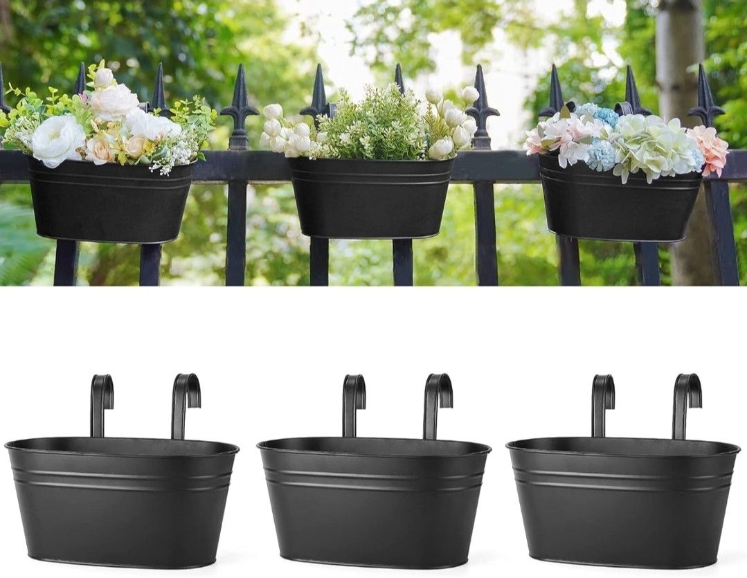 3 Pcs Metal Iron Hanging Flower Pots for Railing Fence Hanging Bucket Pots