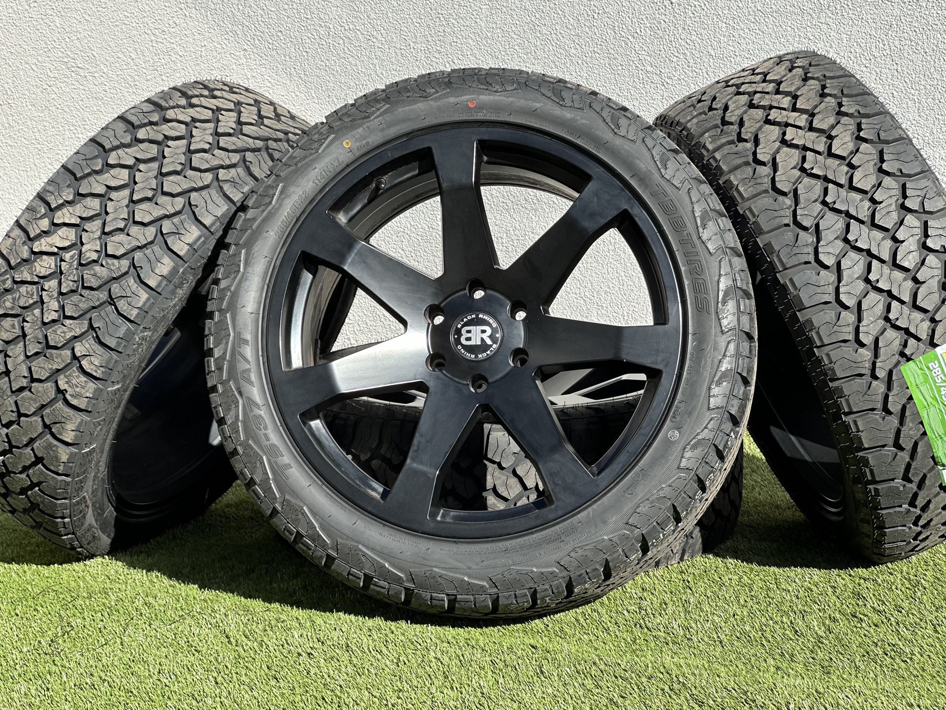 22” Black Rhino Wheels Gmc Sierra Yukon Chevy Silverado Tahoe rims 6x5.5 A/T 285/45R22 tires Dodge Ram