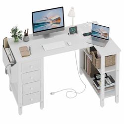 Lufeiya White L Shaped Computer Desk with Drawers & Storage Shelves, 47 Inch Corner Reversible Desk with Power Outlet for Home Office Bedroom, L-Shape