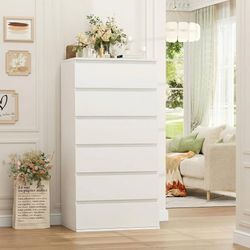 White Dresser, 6 Drawer Dresser, Modern Tall Floor Storage Cabinet with Metal Sliding Rail, Wooden Handleless Drawer Cabinet, 6-Layer Large Capacity V