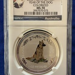 2006 1oz NGC MS70 AUSTRALIA YEAR OF THE DOG COLORIZED SILVER COIN 