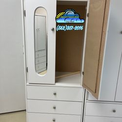 Tall White Wardrobe Closet With Mirror And 3 Drawers 