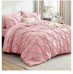 bedsure Pink Pintuck Comforter Set 7 pcs with Shams 82x86