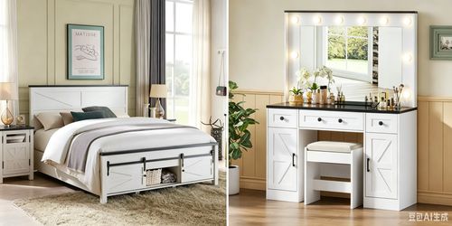 Brand New American Farmhouse Style Bedroom Set | Queen Platform Bed Frame with Storage + Vanity with Lights & Stool — $340 Only  Brand new, unopened b