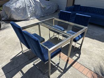 Modern Glass & Chrome Dining Set — 2 Tables + 4 Navy Velvet Chairs