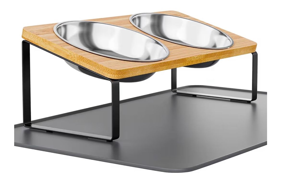 Upgraded Elevated Cat Bowls with Food Mat,15°Tilted Stand Anti Vomiting Raised Cat Dishes for Food and Water,2 Stainless Steel Bowls for Cats and Pupp
