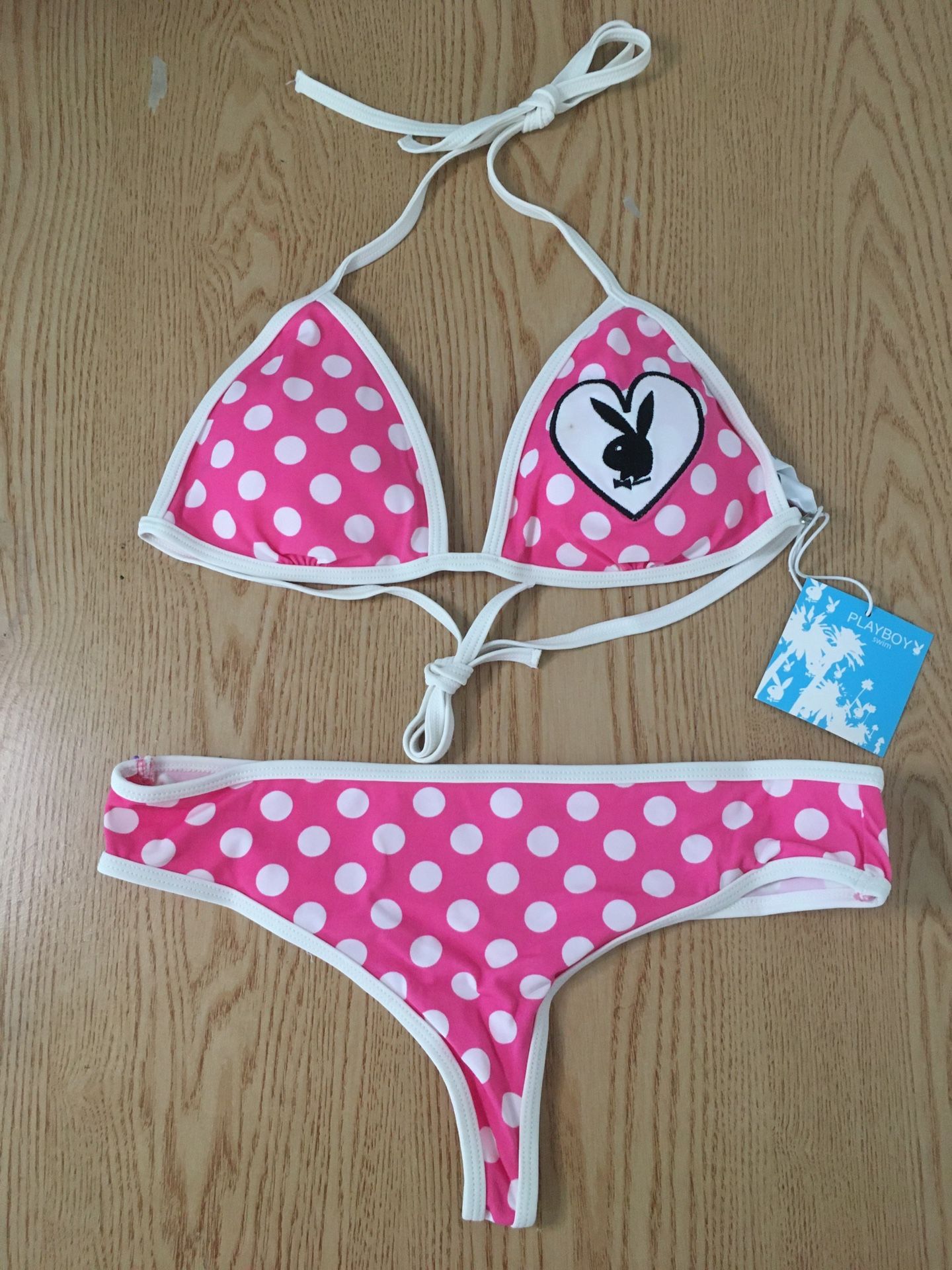 New Womens Vintage Playboy 2Pc Polka Dot Thong Bikini Swimsuit Size Large