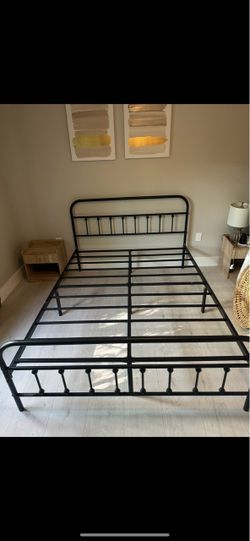Metal Bed Frame Queen Size, Easy to Assemble, Black, Steel Slat Supported