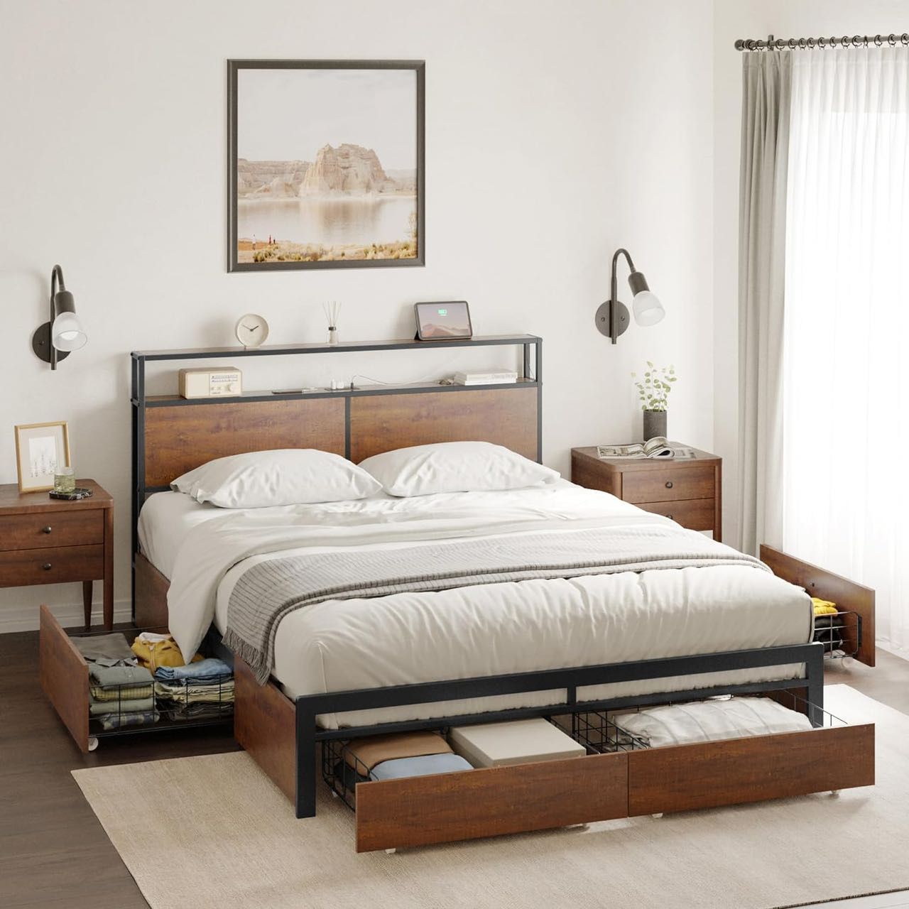 LED Bed Frame Full/Queen with 4 Storage Drawers 2 Charging Outlets and 2 USB Ports Strong Metal Slats Support No Box Spring Needed