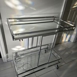 Stylish Modern Glass & Chrome Bar Cart With Wheels