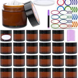 2oz Small Travel Containers with Black Lids,25 Pack Amber Glass Jars with Mini Disposable Spatula for Toiletries，Travel Storage，Makeup Beauty Products