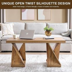 Modern Coffee Table, 48" Twisted Center Table with Wood Thickened Pedestal, Rectangular Rustic Living Room Table, Farmhouse Storage Low Cock