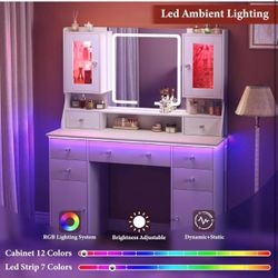 Vanity Desk with LED Mirror & RGB Lights, Large Makeup Vanity with 7 Drawers, White D-12