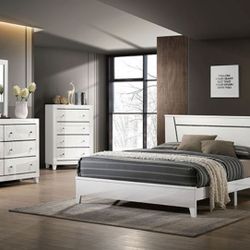 Brand New White Contemporary Style King Size 6pc Bedroom Set (Also Available In California King)