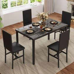 5-Peice Dining Table Set, Faux Marble Dining Room Table and Chairs Set, Rectangle Kitchen Table Set with Durable Metal Frame and Upholstered Chairs, f