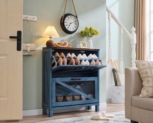 Farmhouse Shoe Cabinet, Narrow Shoe Storage Cabinet with 2 Flip Drawers & Adjustable Shelves, Industrial Wood Shoe Organizer, Rustic Shoe Rack Cabinet