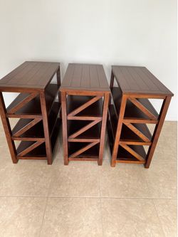 Wood shelves, set of three//33” high; 32.5 across; 16 wide