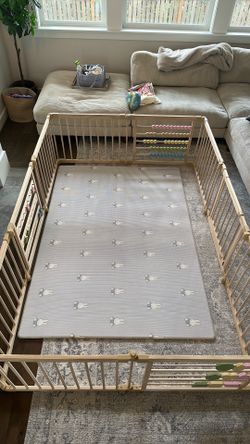 Natural Wood Baby Playpen 10 Panel Foldable Play Yard with Door Panel and Built-in Toys