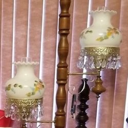 Vintage Painted Ruffled Milk Glass 2 Shade Tension Pole Lamp