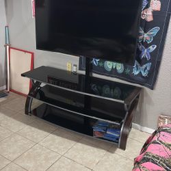 Tv Stand , Brown Wood , Black Glass Tops , 3 Shelfs 