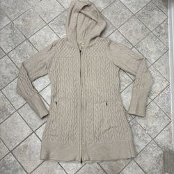 Akini Womens Hooded Wool Blend Mid Length Cardigan Yoga Sweater Sz L: Oatmeal