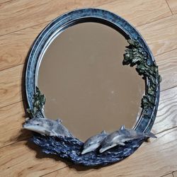 Vintage Mirror Oval 3D Splashing Dolphins Ocean Animals Sea Life Beach Decor Hanging Mirror Wall Art / 18" W x 21" L