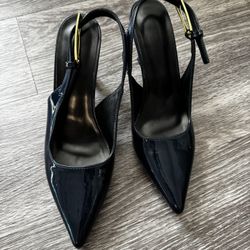 Medium heel dark blue patent sling shoes