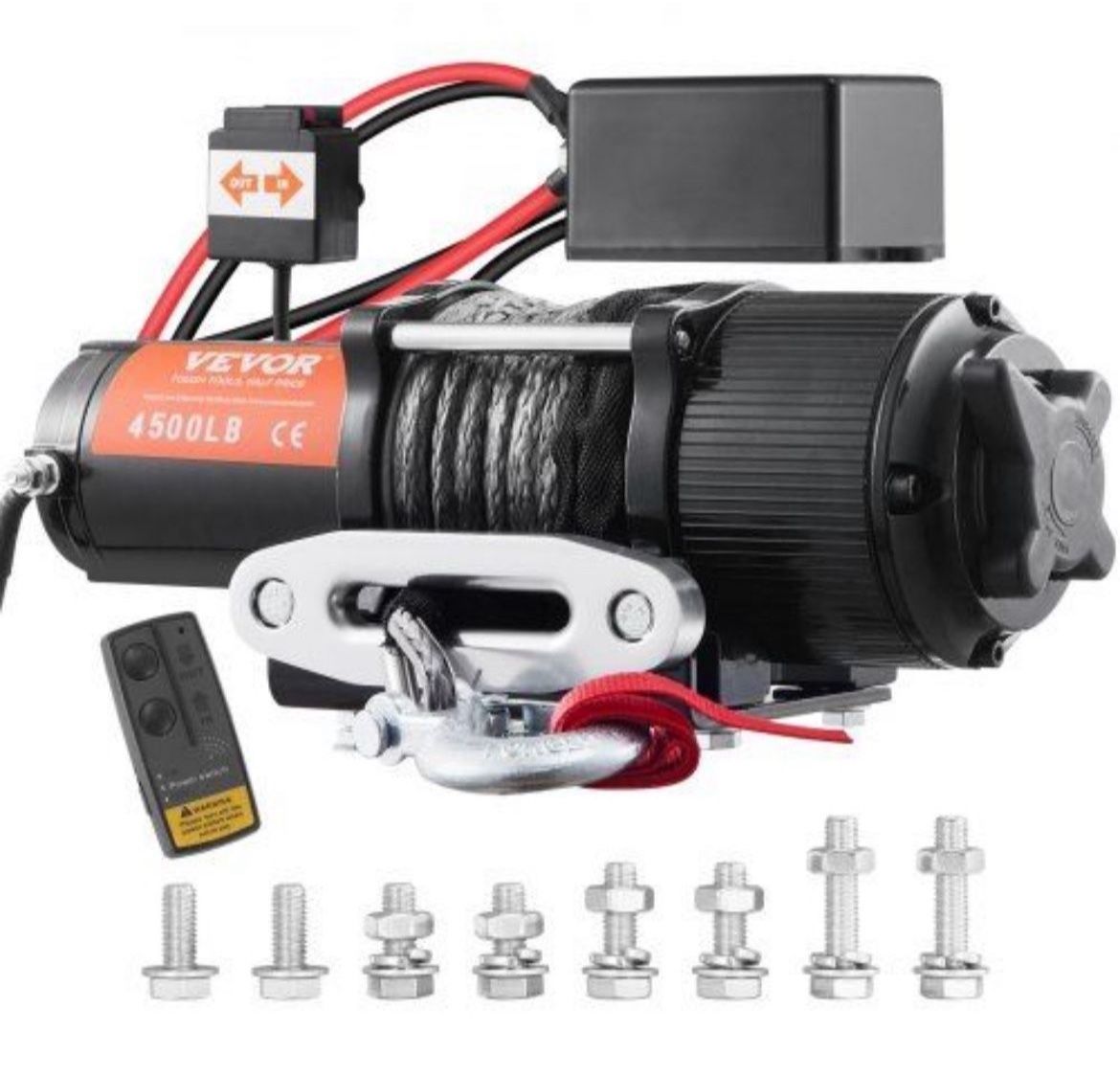 VEVOR Electric Winch, 12V 4500 lb Load Capacity Nylon Rope Winch, IP55 1/4” x 39ft ATV UTV Winch with Wireless Handheld Remote & Hawse Fairlead for To