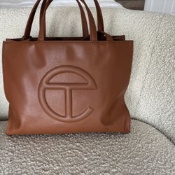 Authentic Telfar Leather Tote Bag in Brown with Embossed Logo