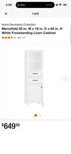 Home Decorators Merryfield 20”x16”x65” White Freestanding Linen Cabinet